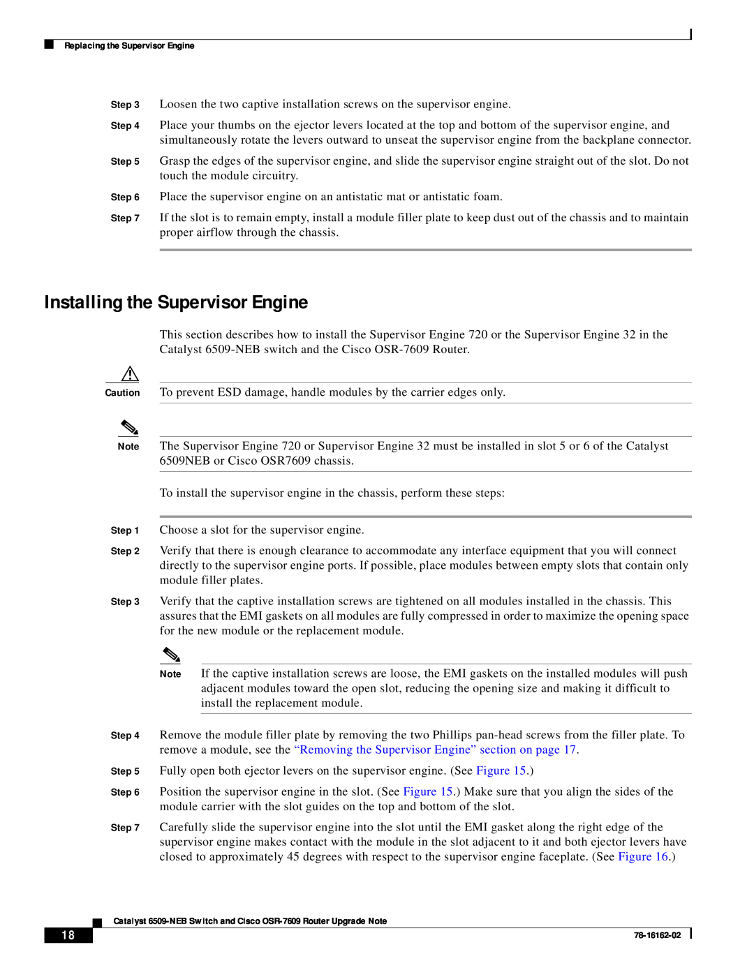 Cisco Systems 6509-NEB, OSR-7609 manual Installing the Supervisor Engine 