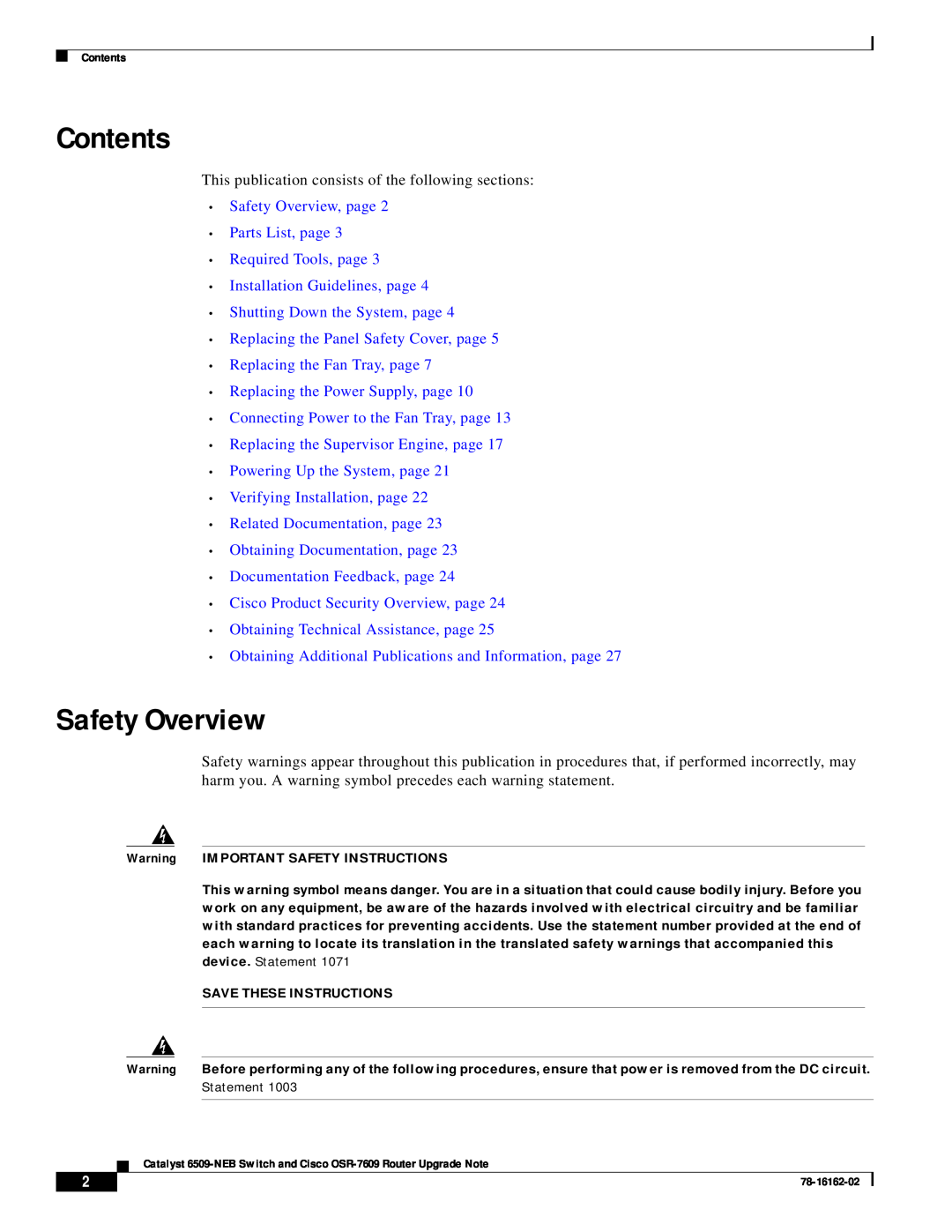 Cisco Systems 6509-NEB Contents, Safety Overview, page Parts List, page Required Tools, page, Save These Instructions 