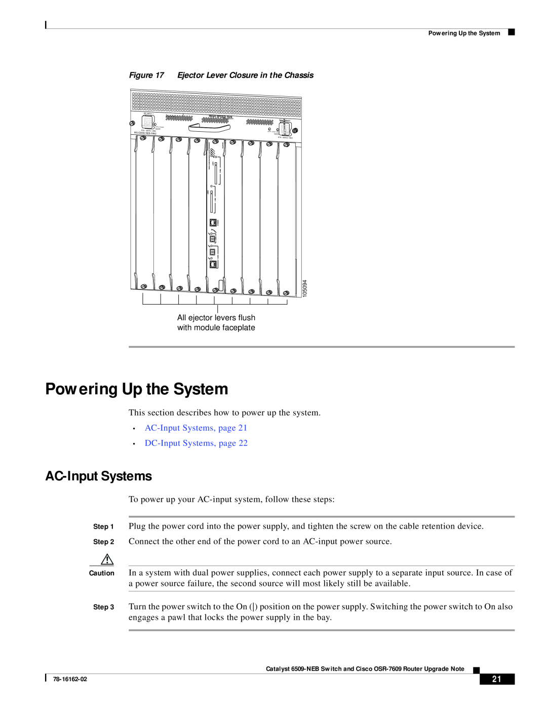 Cisco Systems OSR-7609, 6509-NEB manual Powering Up the System, AC-Input Systems, page DC-Input Systems, page 