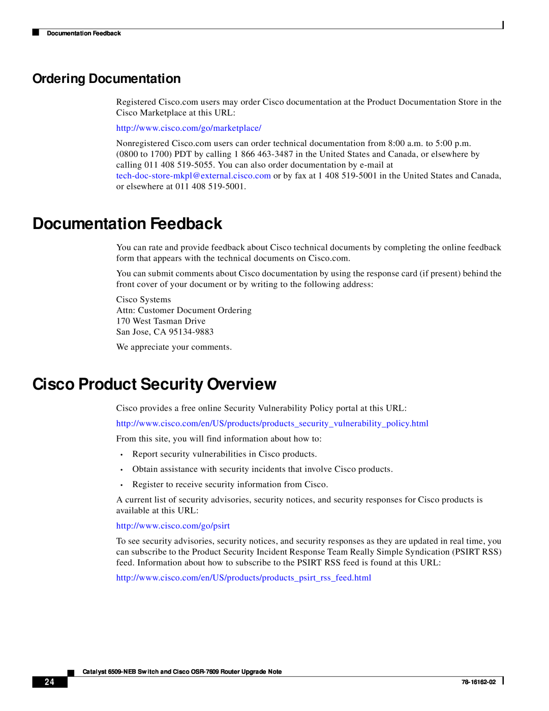 Cisco Systems 6509-NEB, OSR-7609 manual Documentation Feedback, Cisco Product Security Overview, Ordering Documentation 