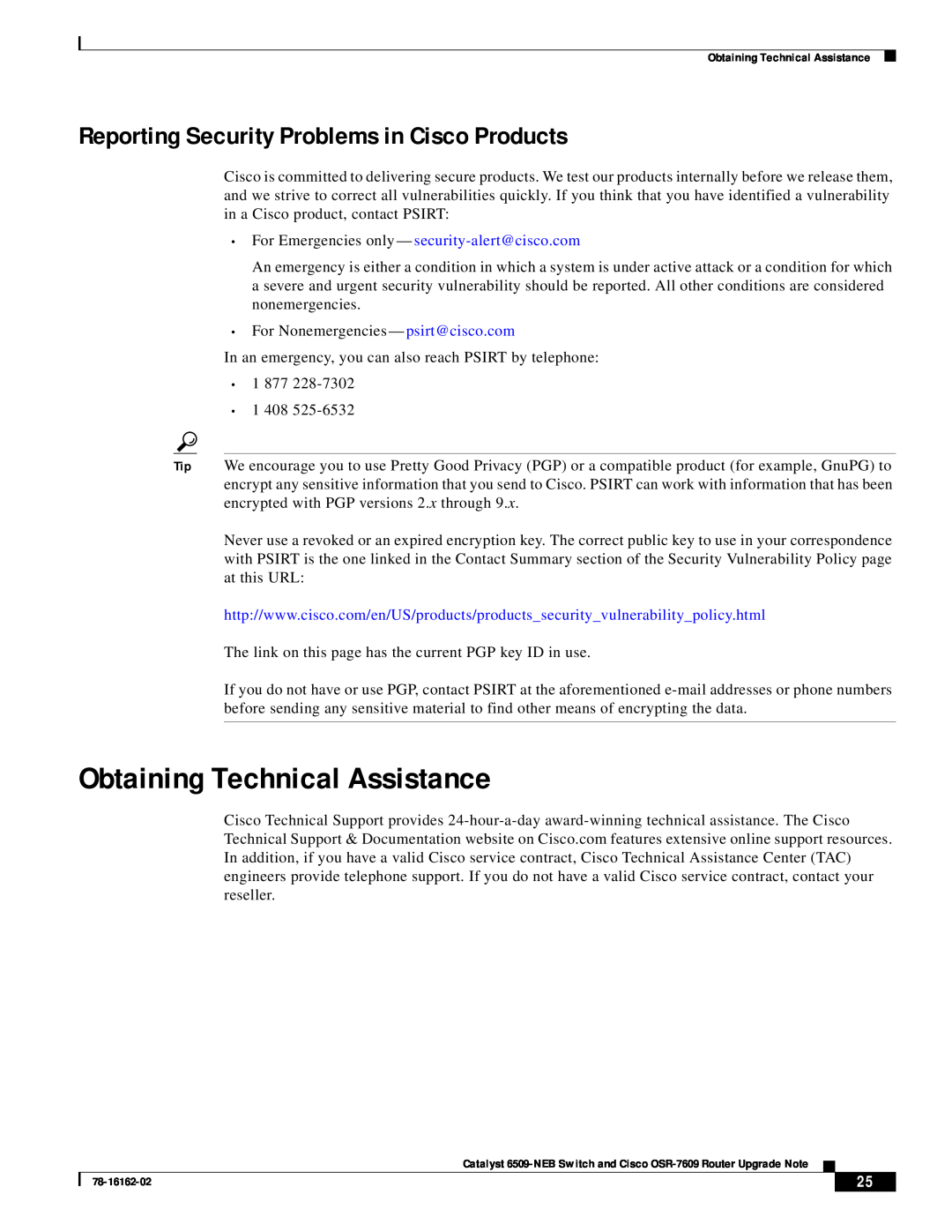 Cisco Systems OSR-7609, 6509-NEB manual Obtaining Technical Assistance, Reporting Security Problems in Cisco Products 
