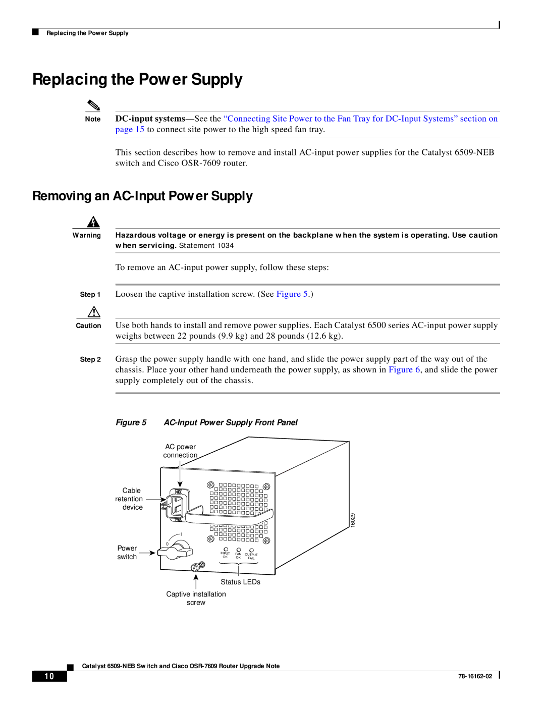 Cisco Systems 6509-NEB, OSR-7609 manual Replacing the Power Supply, Removing an AC-Input Power Supply 