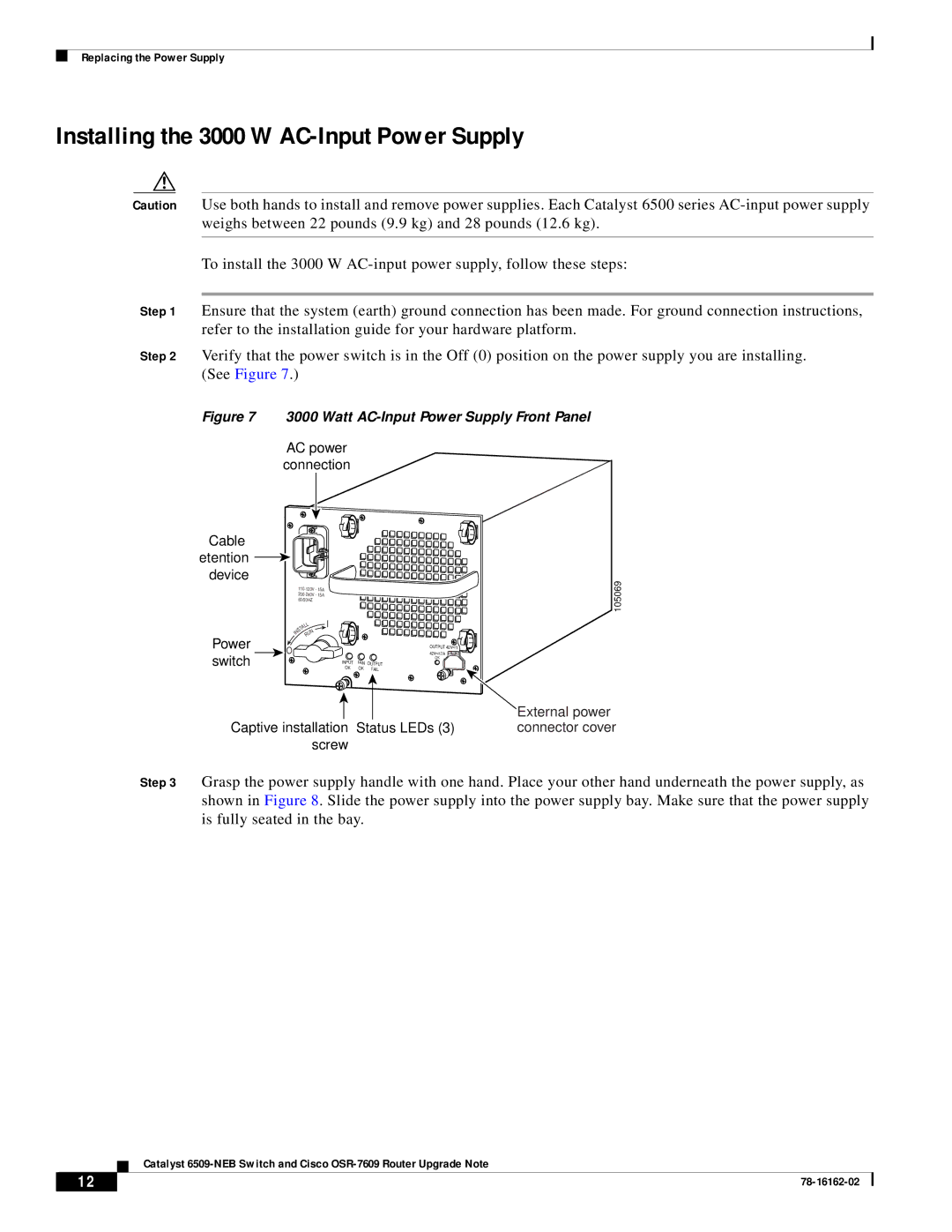 Cisco Systems 6509-NEB, OSR-7609 manual Installing the 3000 W AC-Input Power Supply, Watt AC-Input Power Supply Front Panel 