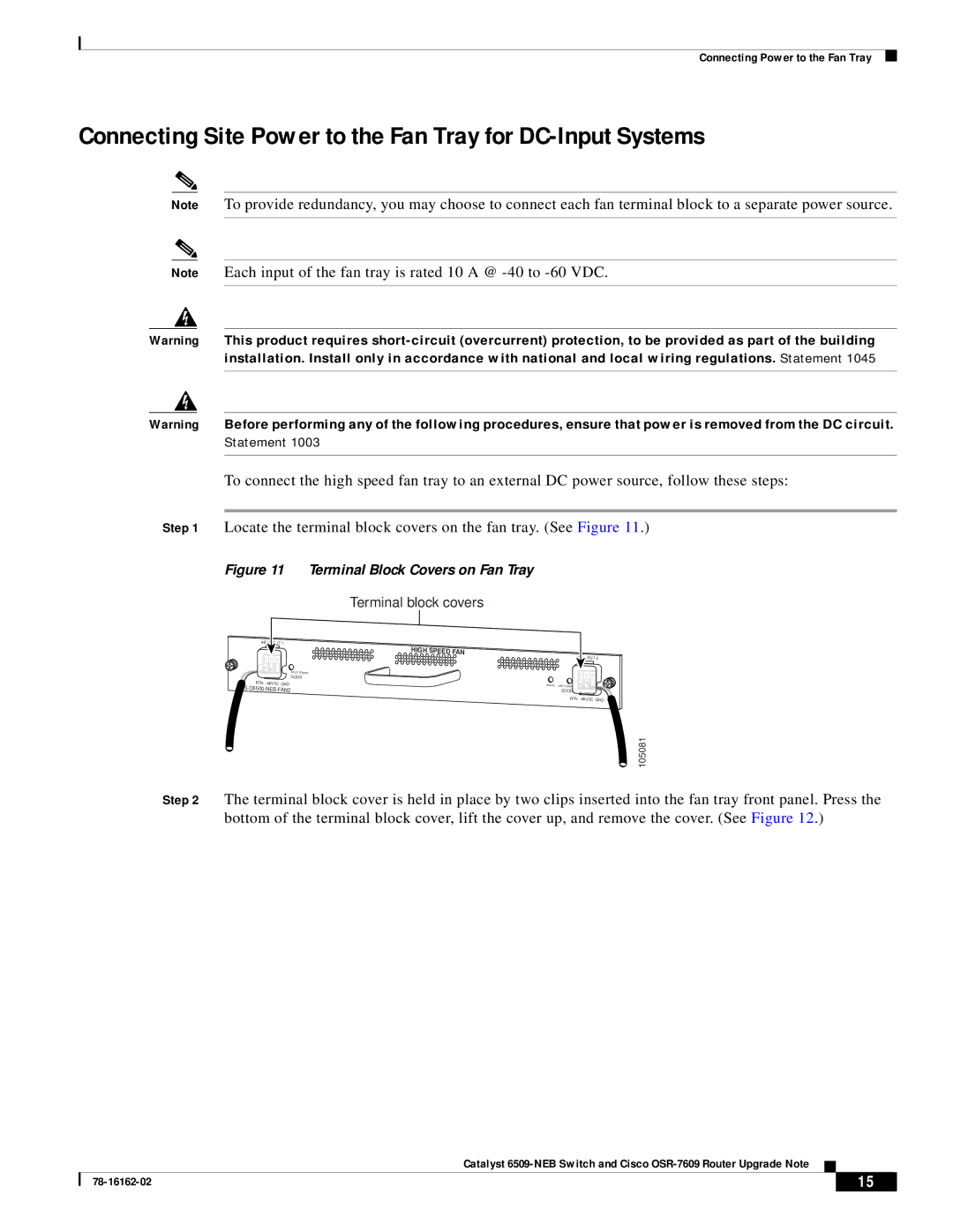 Cisco Systems OSR-7609, 6509-NEB manual Connecting Site Power to the Fan Tray for DC-Input Systems, Terminal block covers 