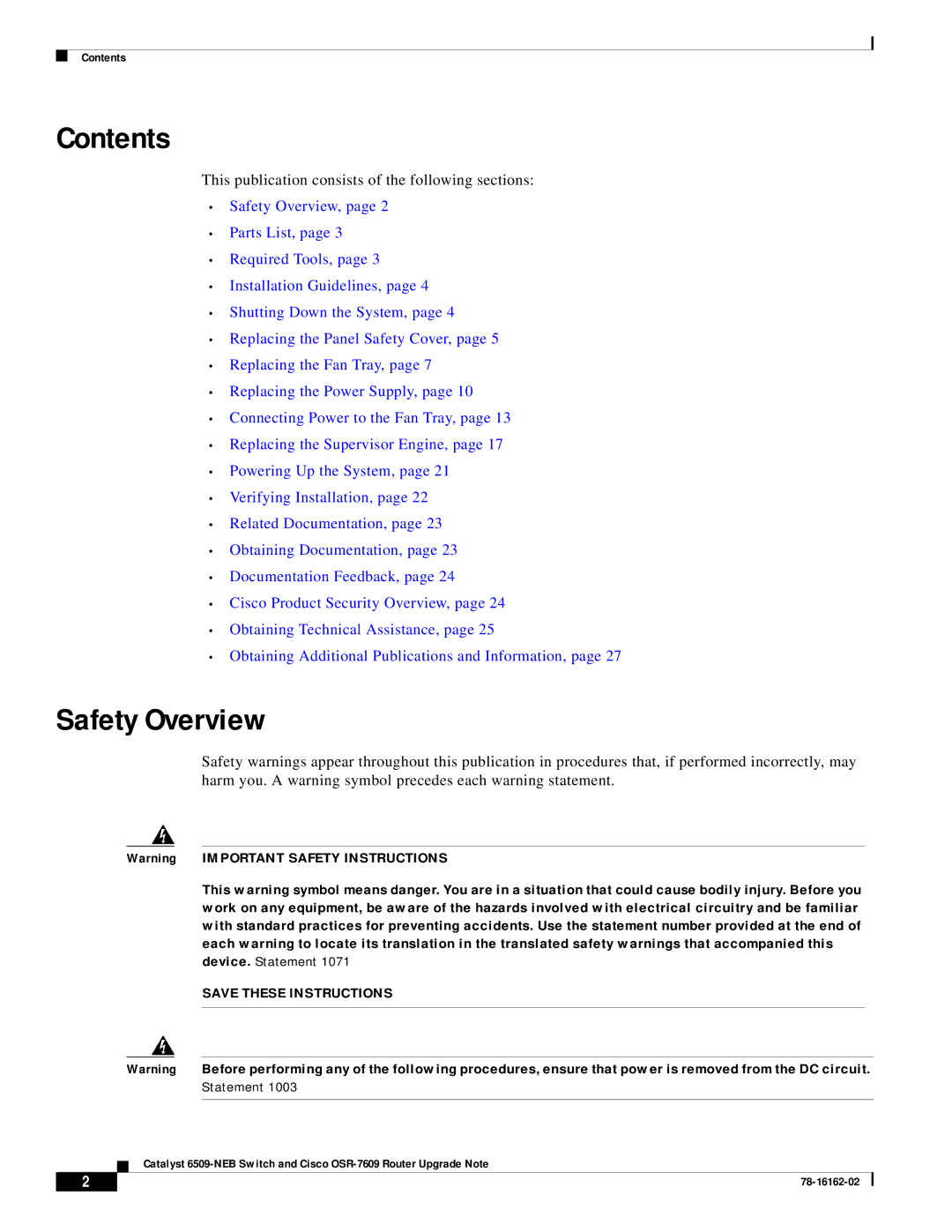 Cisco Systems 6509-NEB, OSR-7609 manual Contents, Safety Overview 