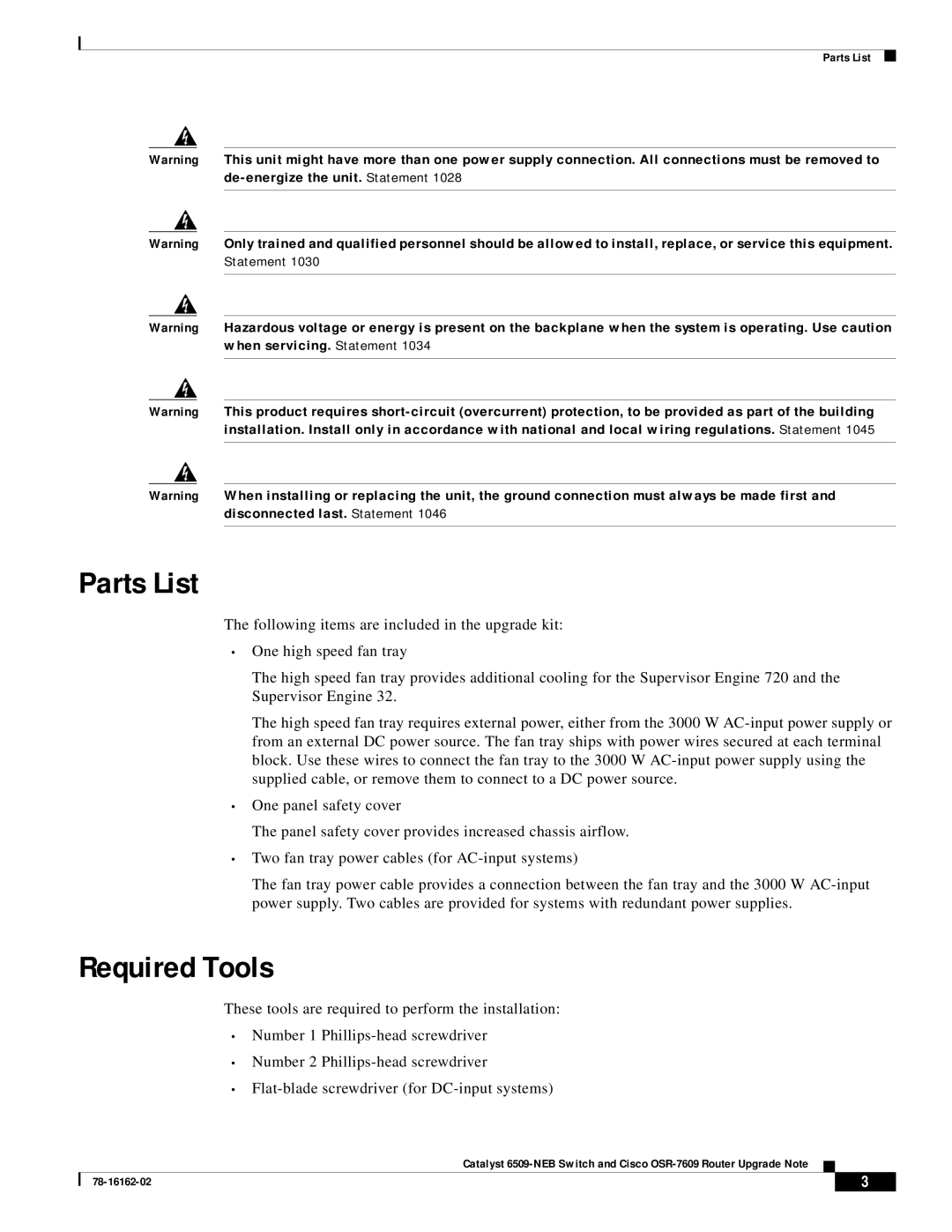 Cisco Systems OSR-7609, 6509-NEB manual Parts List, Required Tools 