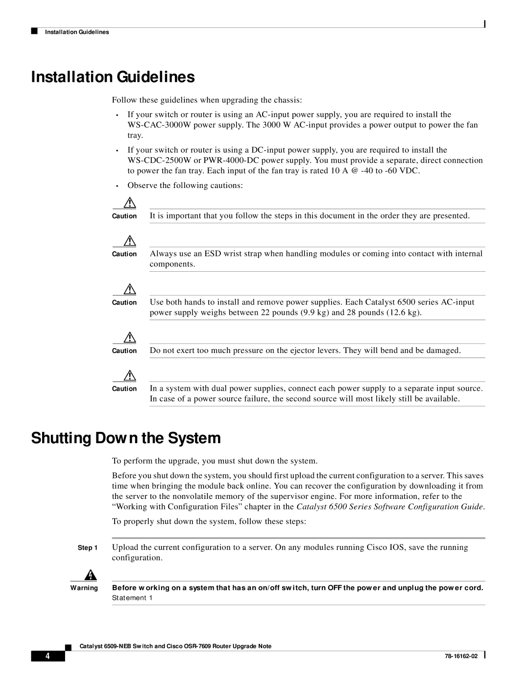 Cisco Systems 6509-NEB, OSR-7609 manual Installation Guidelines, Shutting Down the System 