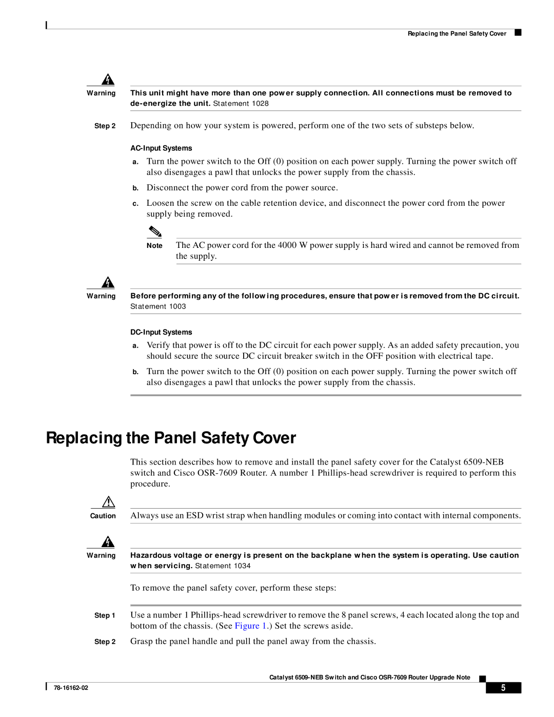 Cisco Systems OSR-7609, 6509-NEB manual Replacing the Panel Safety Cover, AC-Input Systems 