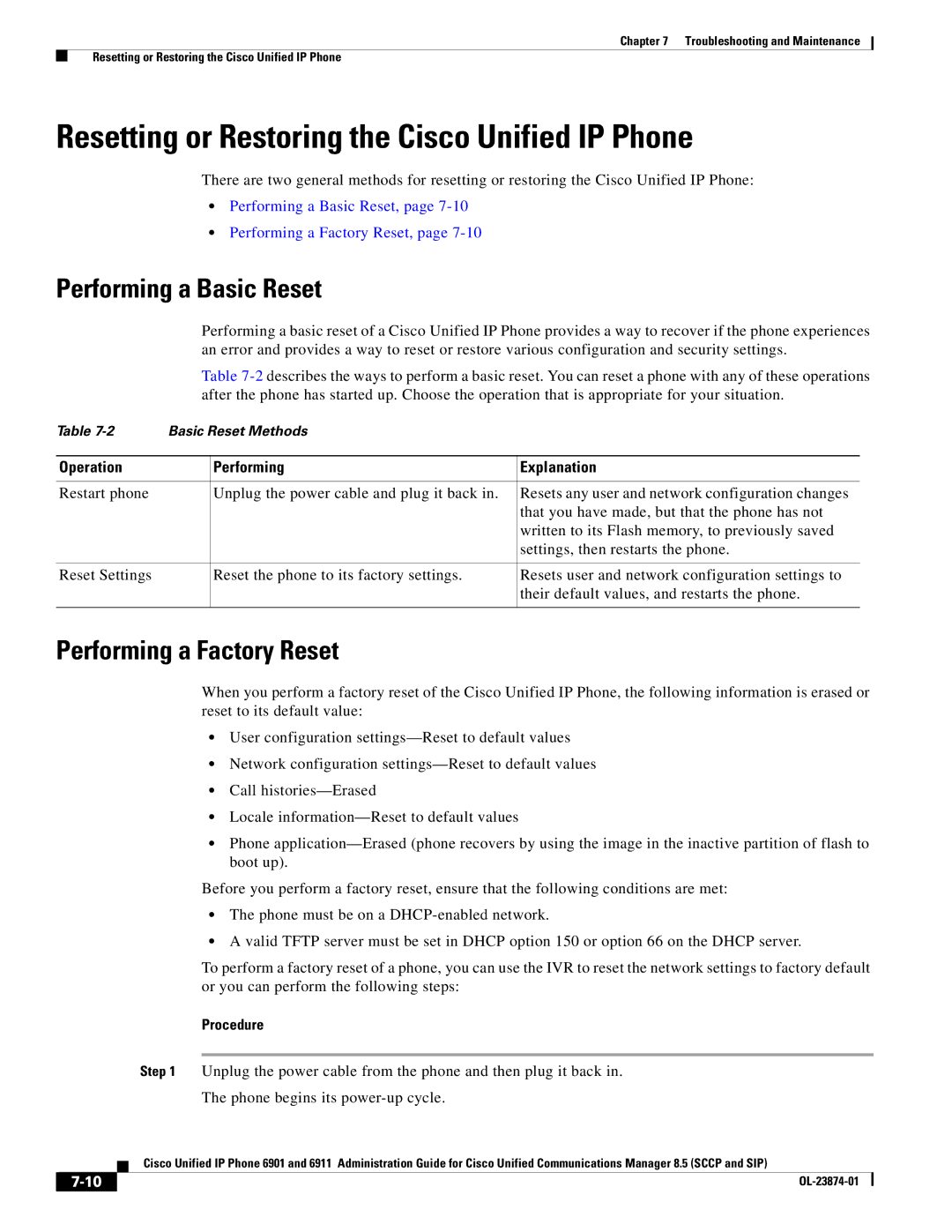 Cisco Systems 6901 Resetting or Restoring the Cisco Unified IP Phone, Performing a Basic Reset, Performing a Factory Reset 