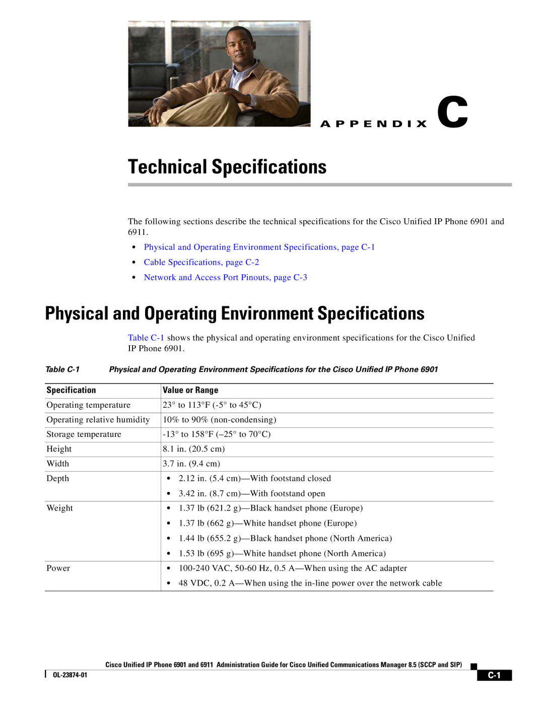 Cisco Systems 6901 manual Physical and Operating Environment Specifications, Specification Value or Range 