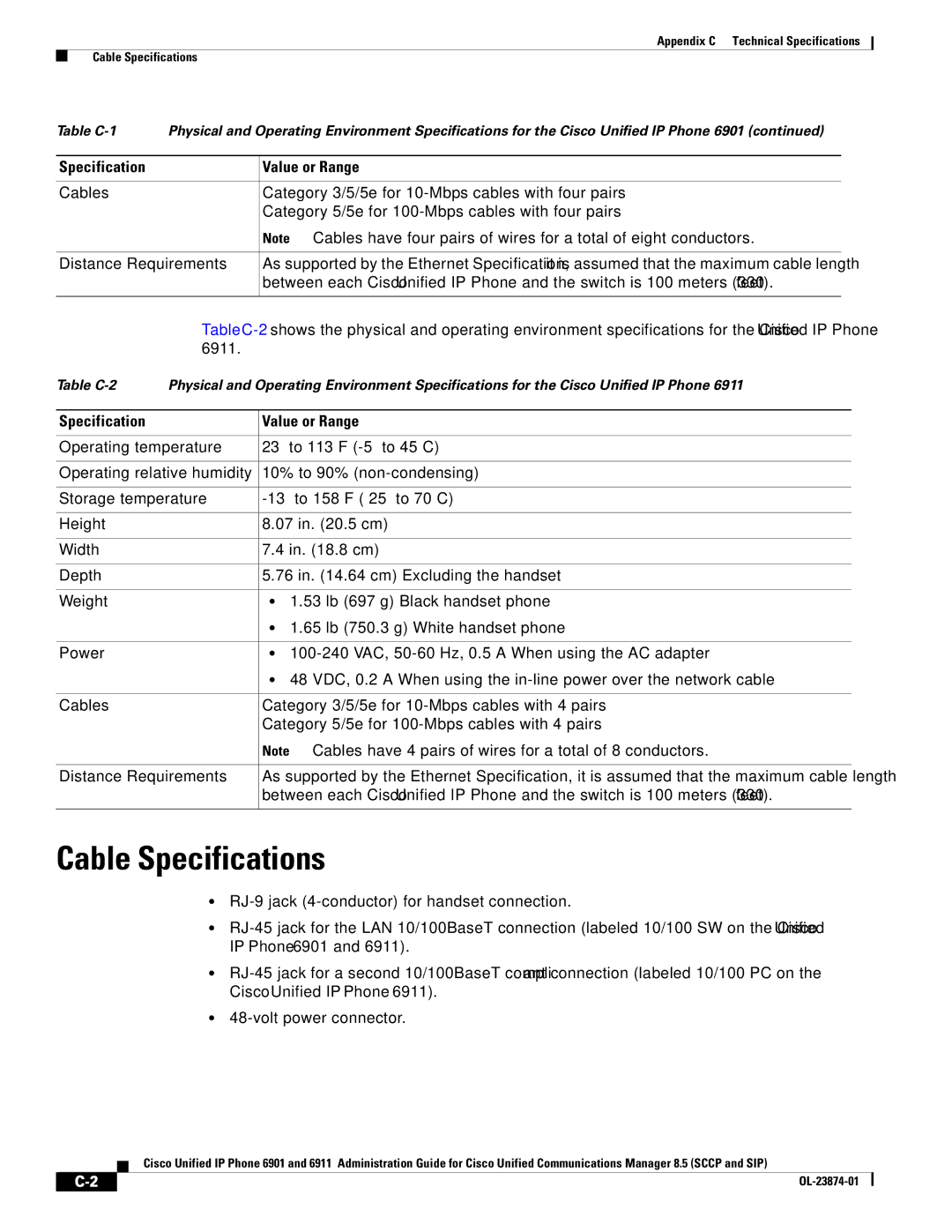 Cisco Systems 6901 manual Cable Specifications 