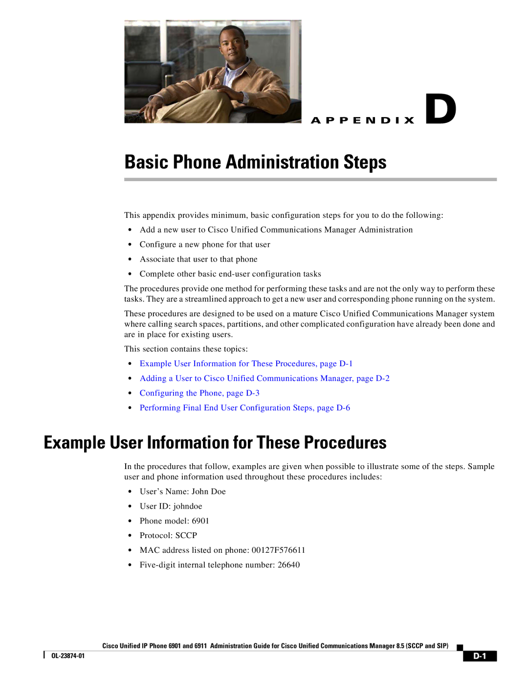 Cisco Systems 6901 manual Basic Phone Administration Steps, Example User Information for These Procedures 