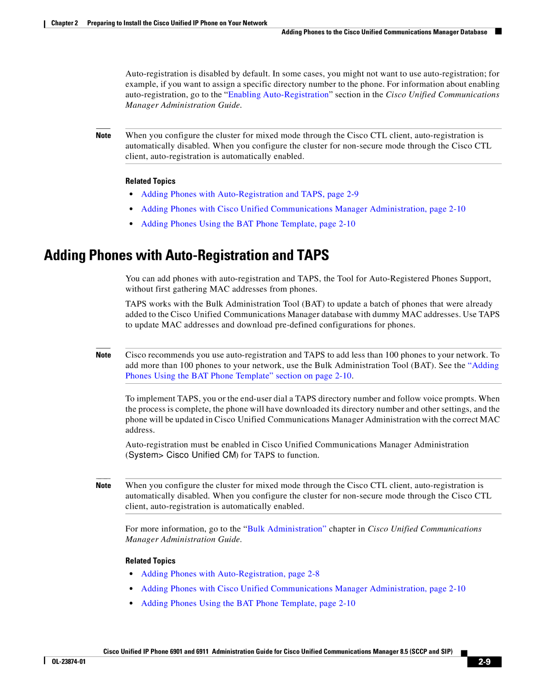 Cisco Systems 6901 manual Adding Phones with Auto-Registration and Taps 