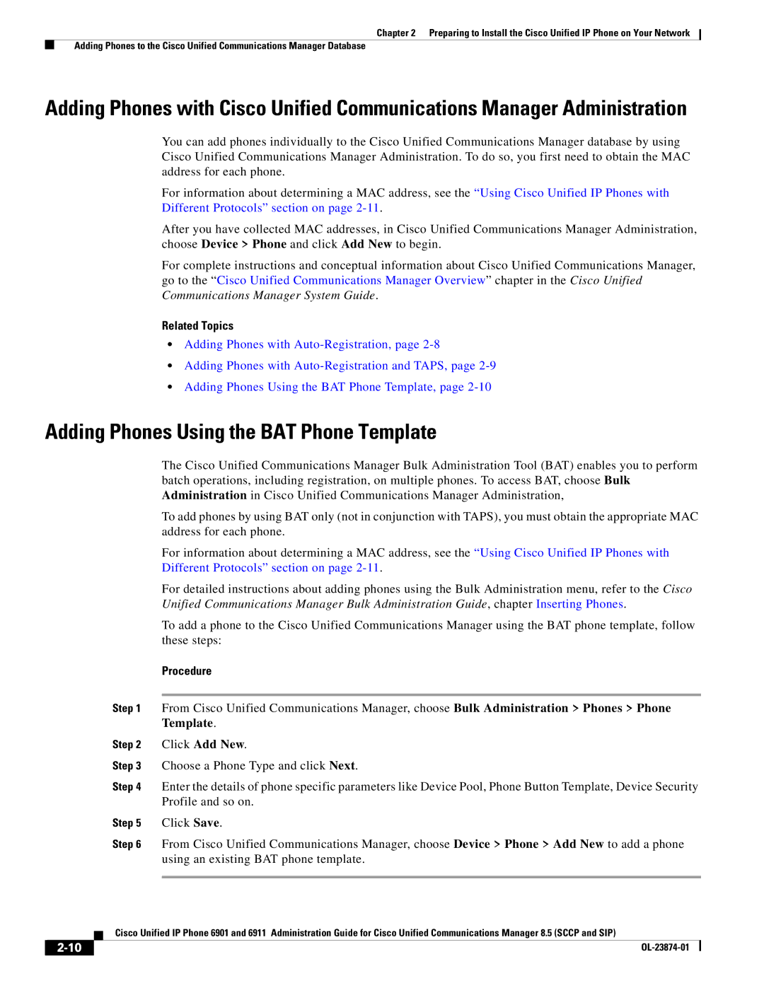 Cisco Systems 6901 manual Adding Phones Using the BAT Phone Template, Procedure 