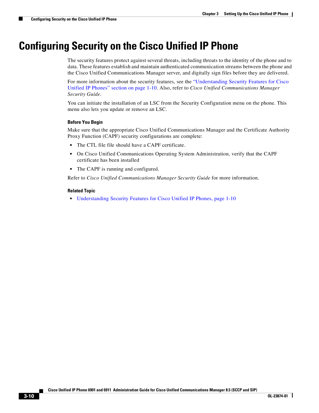 Cisco Systems 6901 manual Configuring Security on the Cisco Unified IP Phone, Before You Begin 