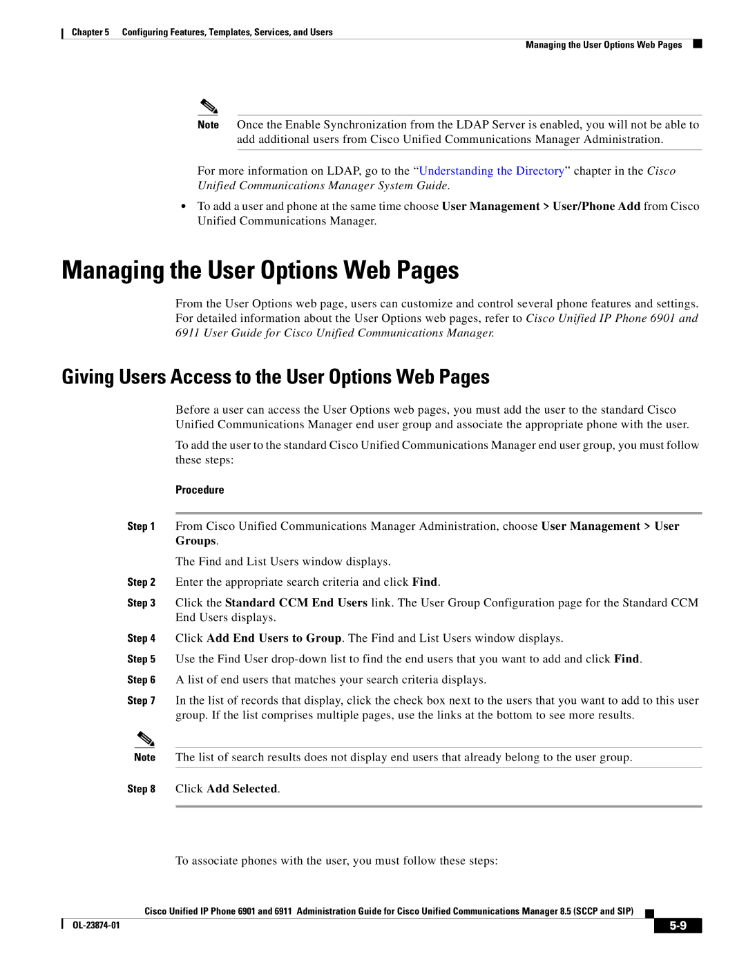 Cisco Systems 6901 manual Managing the User Options Web Pages, Giving Users Access to the User Options Web Pages 