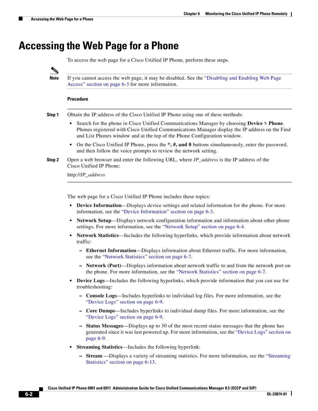 Cisco Systems 6901 manual Accessing the Web Page for a Phone, Http//IPaddress 