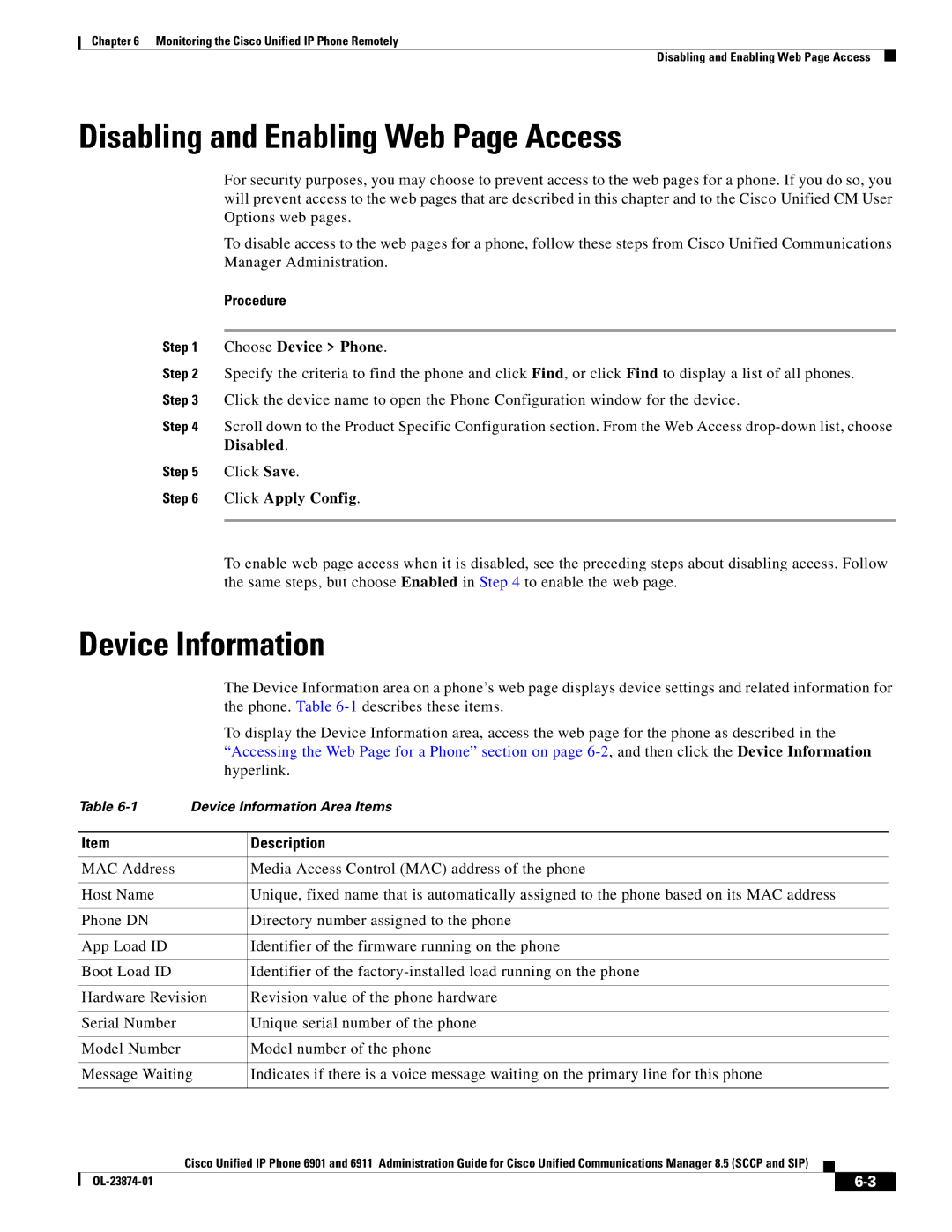 Cisco Systems 6901 manual Disabling and Enabling Web Page Access, Device Information 