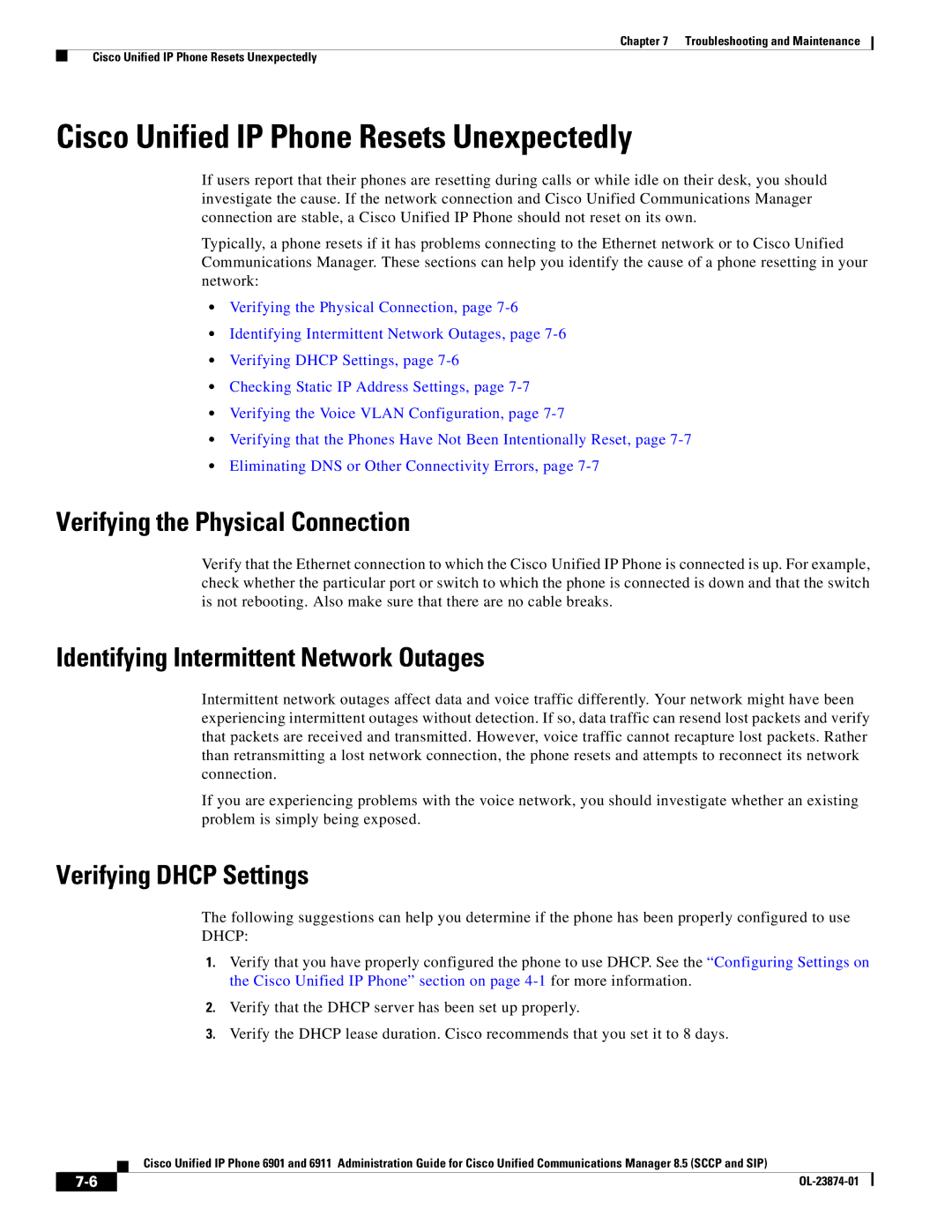 Cisco Systems 6901 Cisco Unified IP Phone Resets Unexpectedly, Verifying the Physical Connection, Verifying Dhcp Settings 