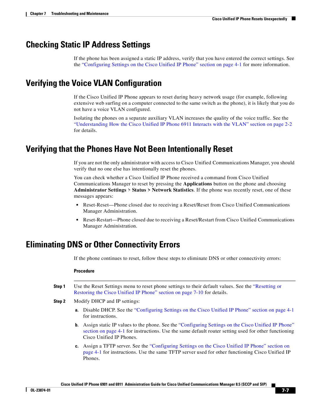 Cisco Systems 6901 manual Checking Static IP Address Settings, Verifying the Voice Vlan Configuration 