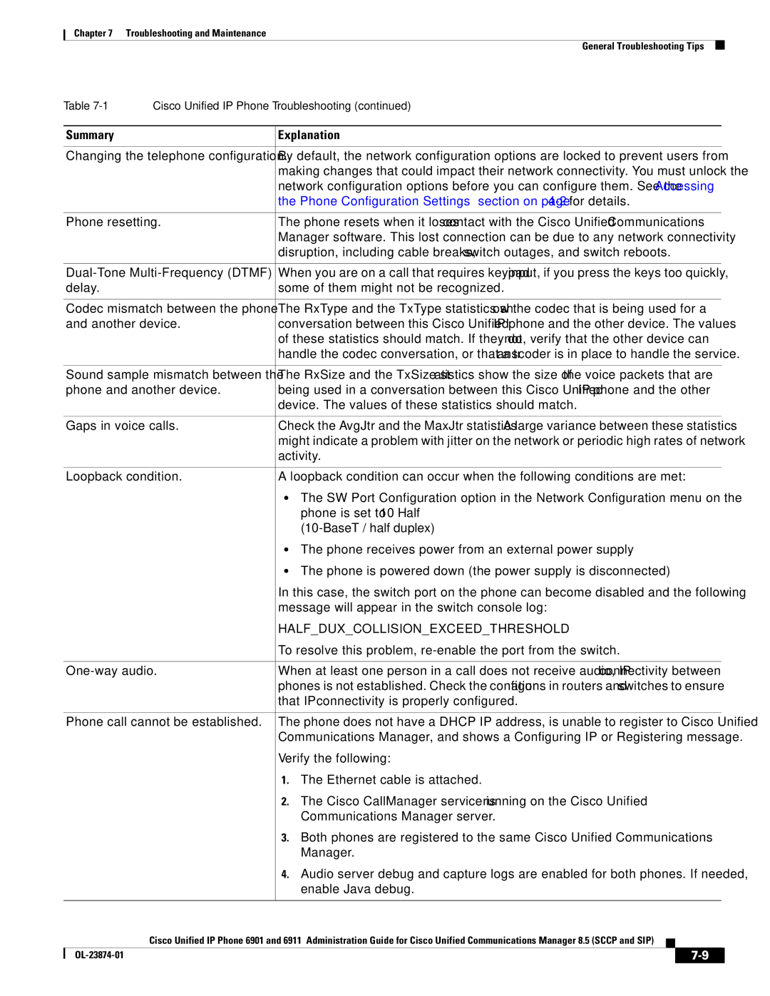 Cisco Systems 6901 manual Phone Configuration Settings section on page 4-2for details, Halfduxcollisionexceedthreshold 