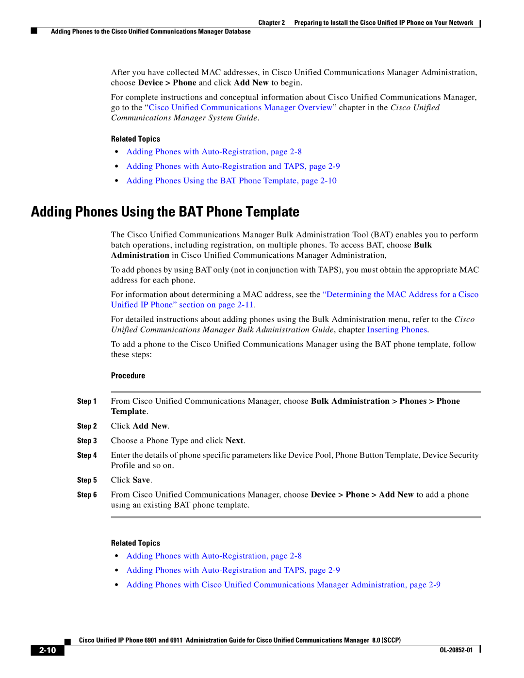 Cisco Systems 691 manual Adding Phones Using the BAT Phone Template, Procedure 