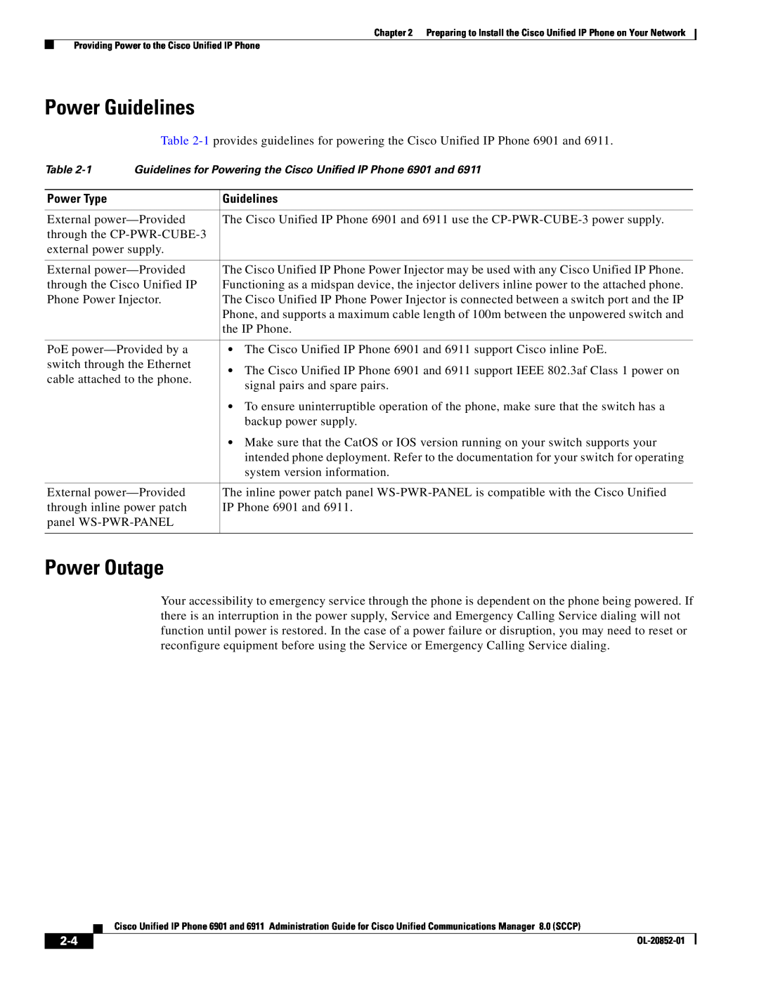 Cisco Systems 691 manual Power Guidelines, Power Outage, Power Type 