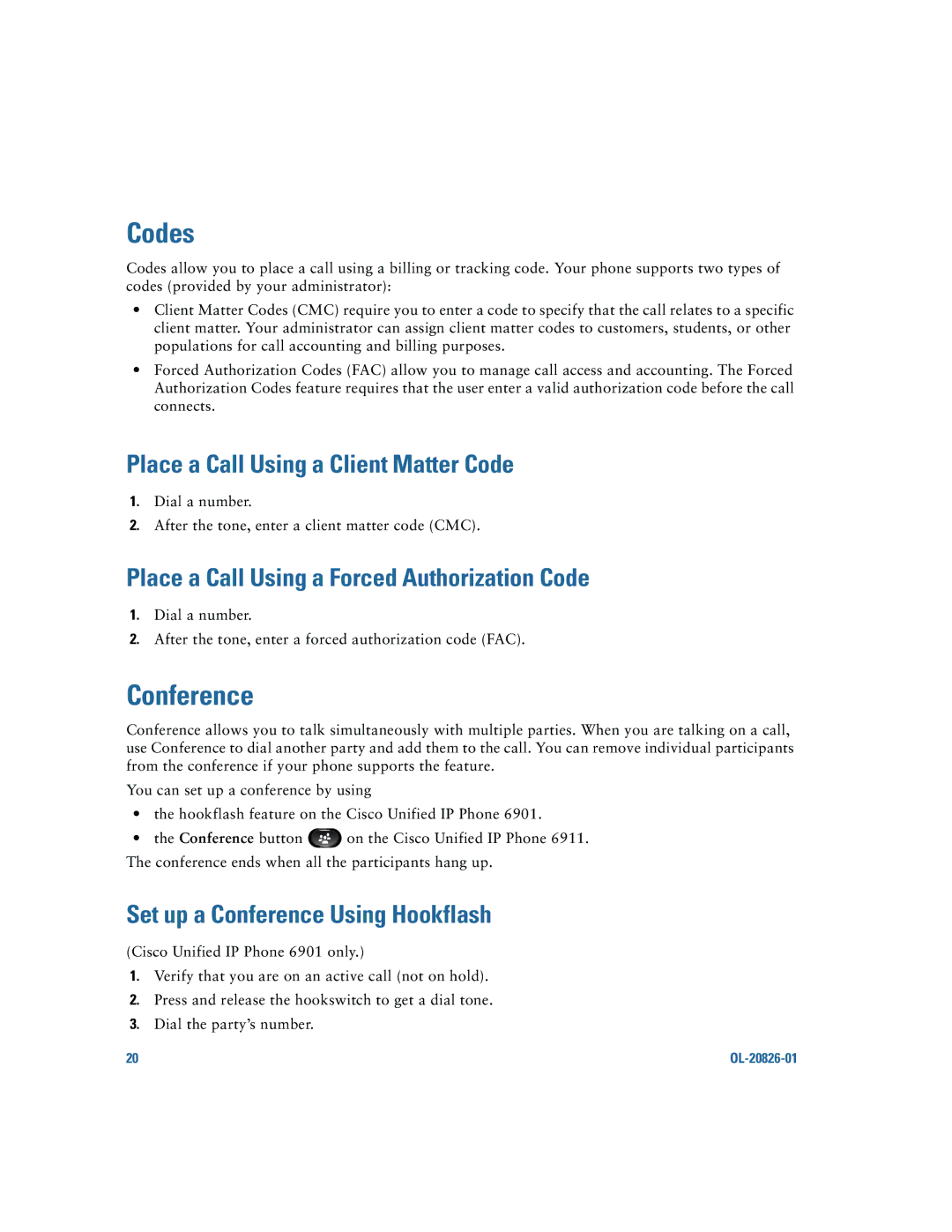 Cisco Systems 6911, 6901 manual Codes, Place a Call Using a Client Matter Code, Set up a Conference Using Hookflash 