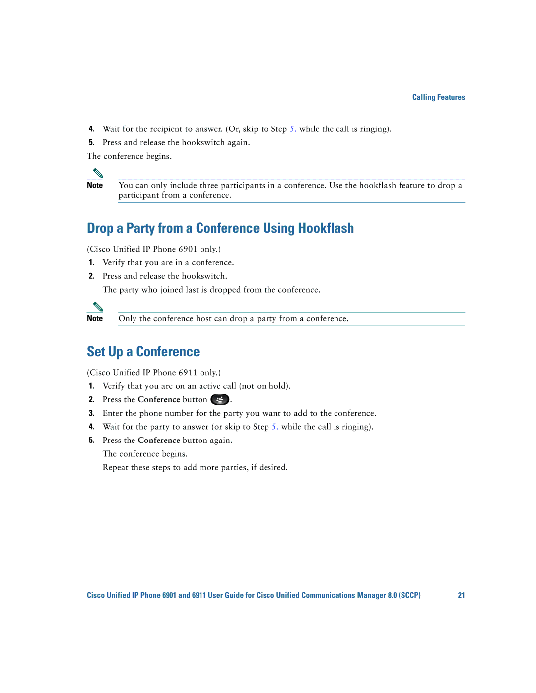 Cisco Systems 6901, 6911 manual Drop a Party from a Conference Using Hookflash, Set Up a Conference 
