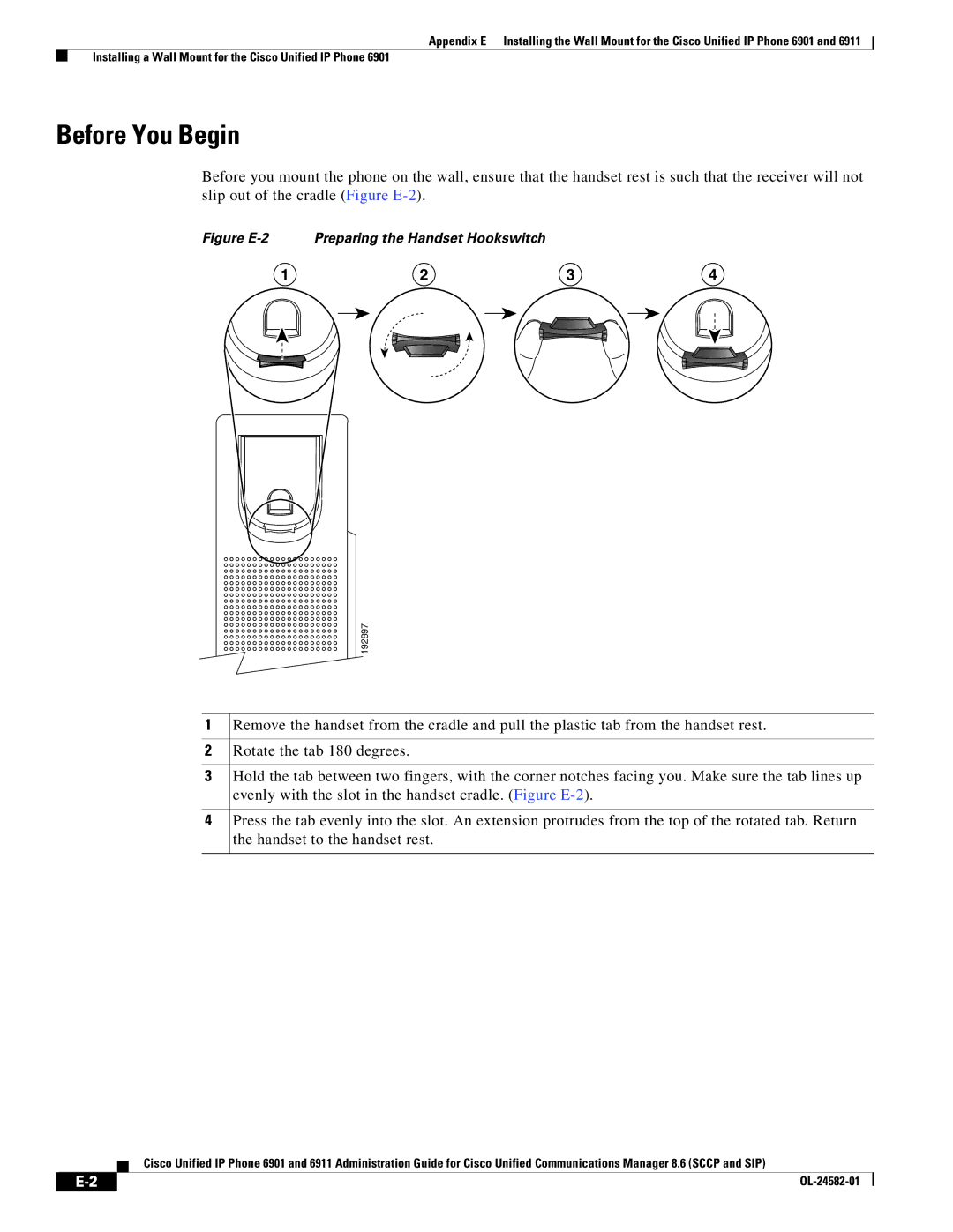 Cisco Systems 6911, 6901 appendix Before You Begin, Figure E-2 Preparing the Handset Hookswitch 