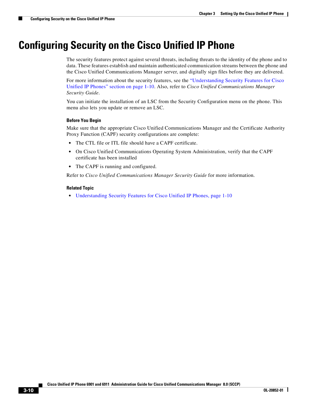 Cisco Systems 6911 manual Configuring Security on the Cisco Unified IP Phone, Before You Begin 