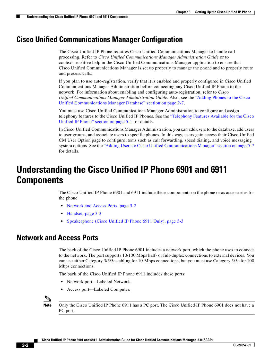 Cisco Systems 6911 manual Cisco Unified Communications Manager Configuration, Network and Access Ports 