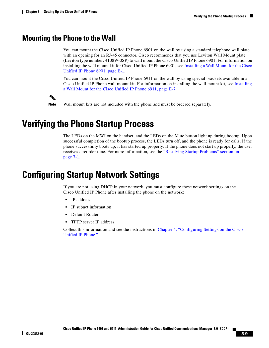 Cisco Systems 6911 manual Verifying the Phone Startup Process, Configuring Startup Network Settings 