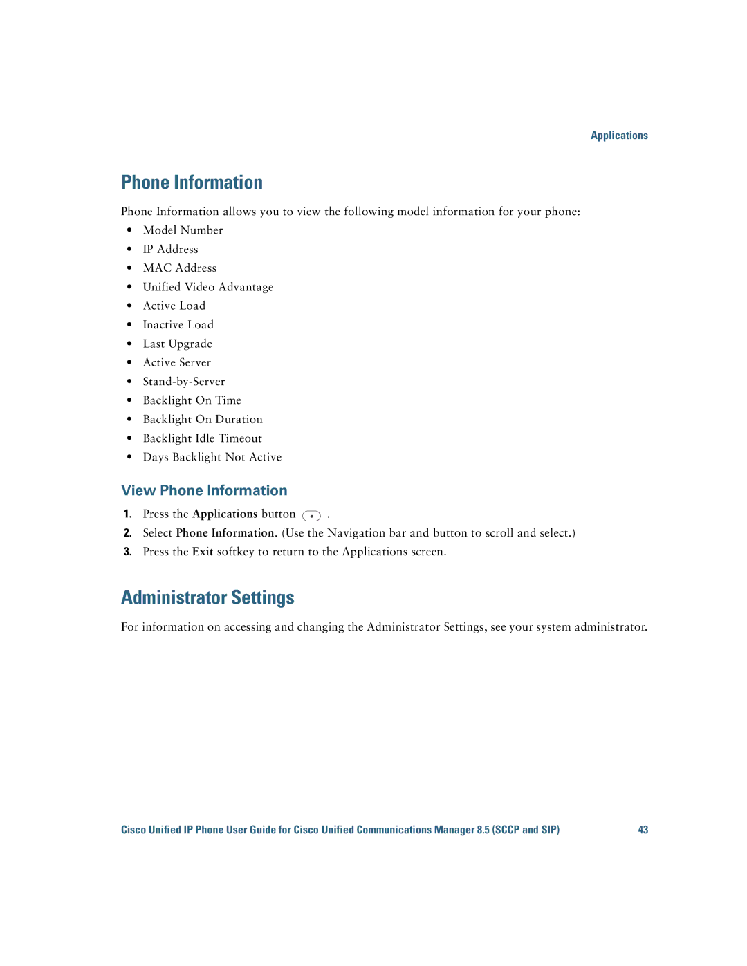 Cisco Systems 6921 manual Administrator Settings, View Phone Information 