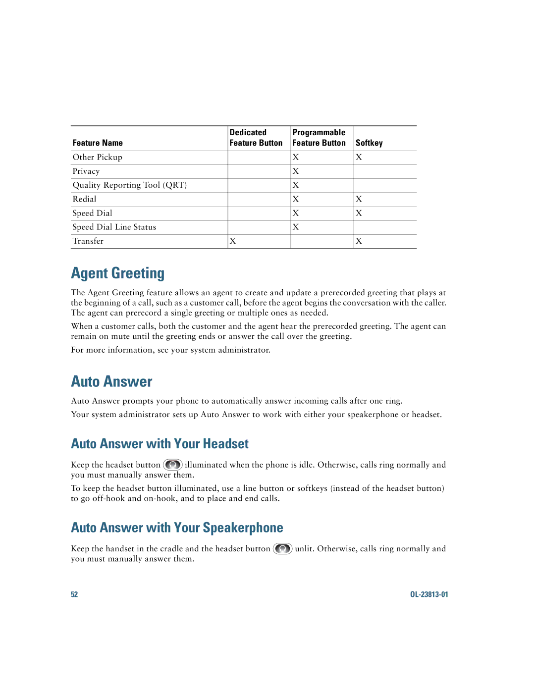 Cisco Systems 6921 manual Agent Greeting, Auto Answer with Your Headset, Auto Answer with Your Speakerphone 