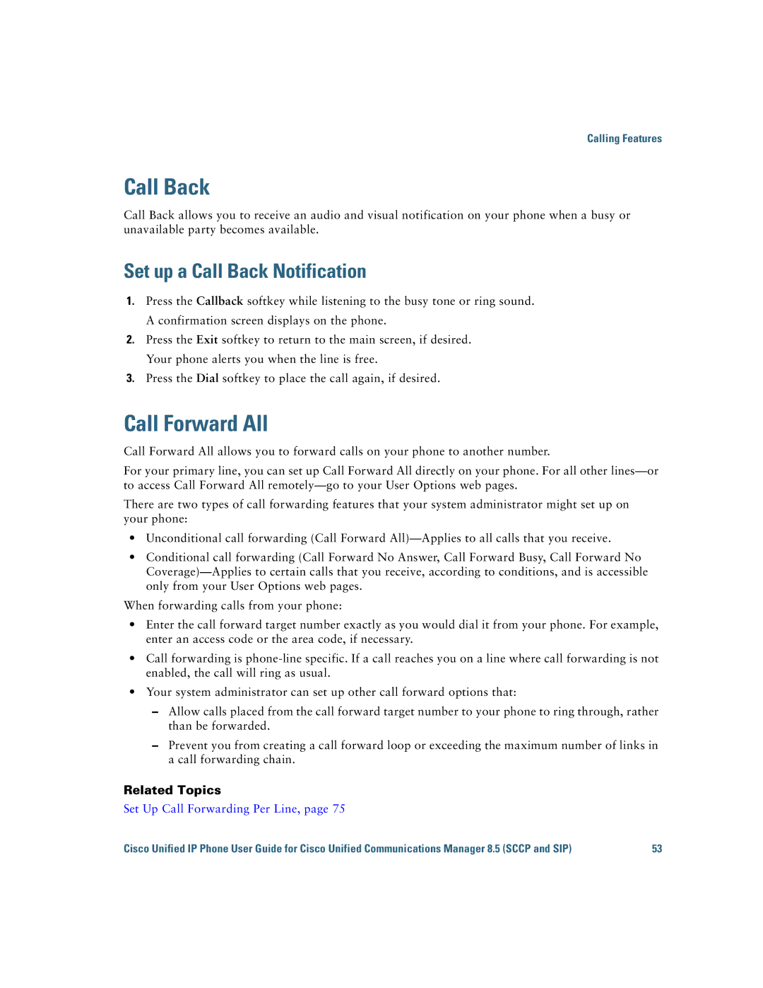 Cisco Systems 6921 manual Call Forward All, Set up a Call Back Notification 