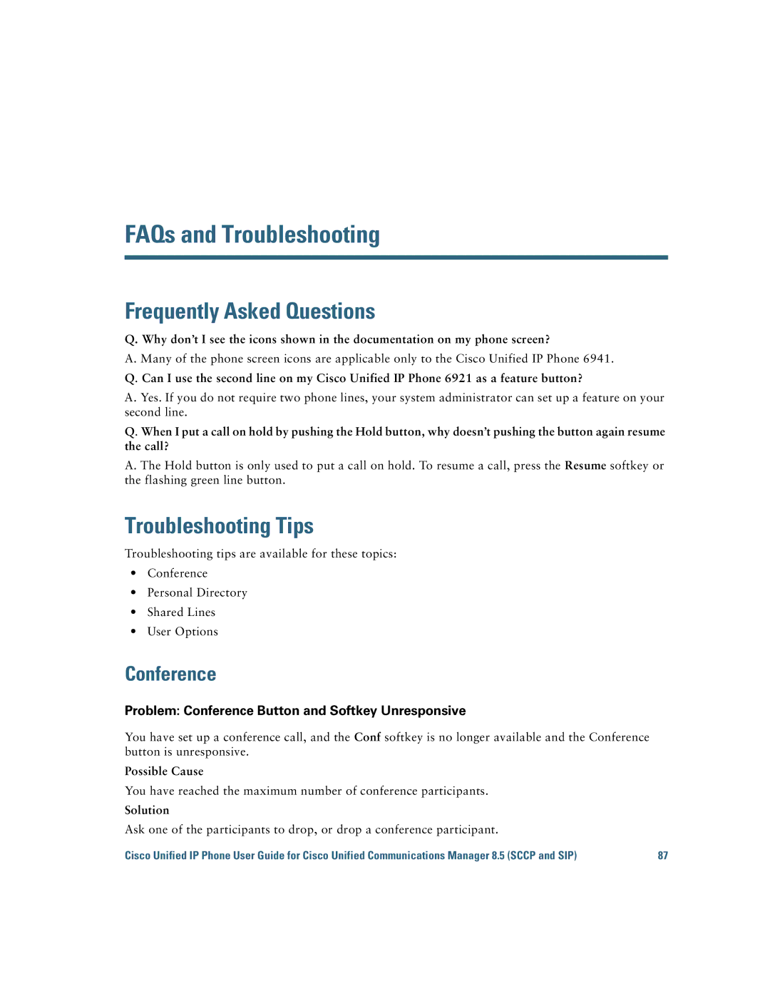 Cisco Systems 6921 manual Frequently Asked Questions, Troubleshooting Tips, Conference, Possible Cause, Solution 