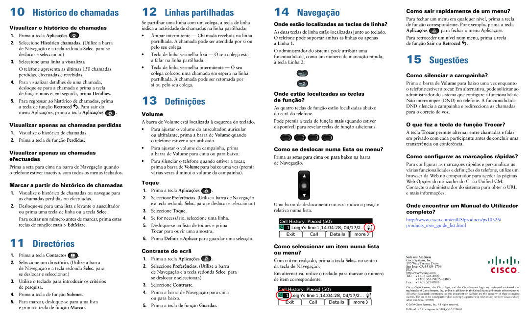 Cisco Systems 6921 manual Histórico de chamadas, Directórios, Linhas partilhadas, Definições, Navegação, Sugestões 