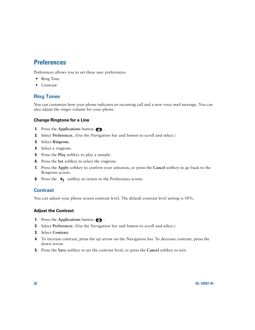 Cisco Systems 6921 manual Preferences, Ring Tones, Contrast 