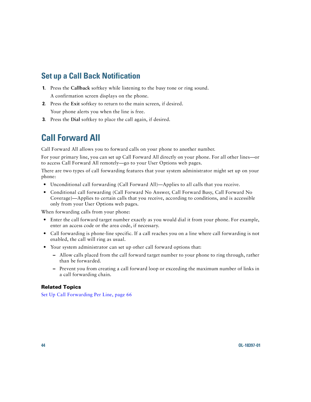 Cisco Systems 6921 manual Call Forward All, Set up a Call Back Notification 