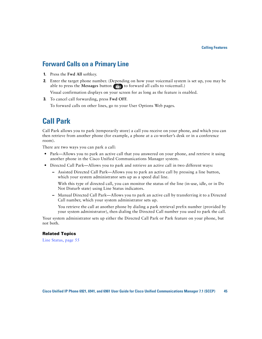 Cisco Systems 6921 manual Call Park, Forward Calls on a Primary Line 