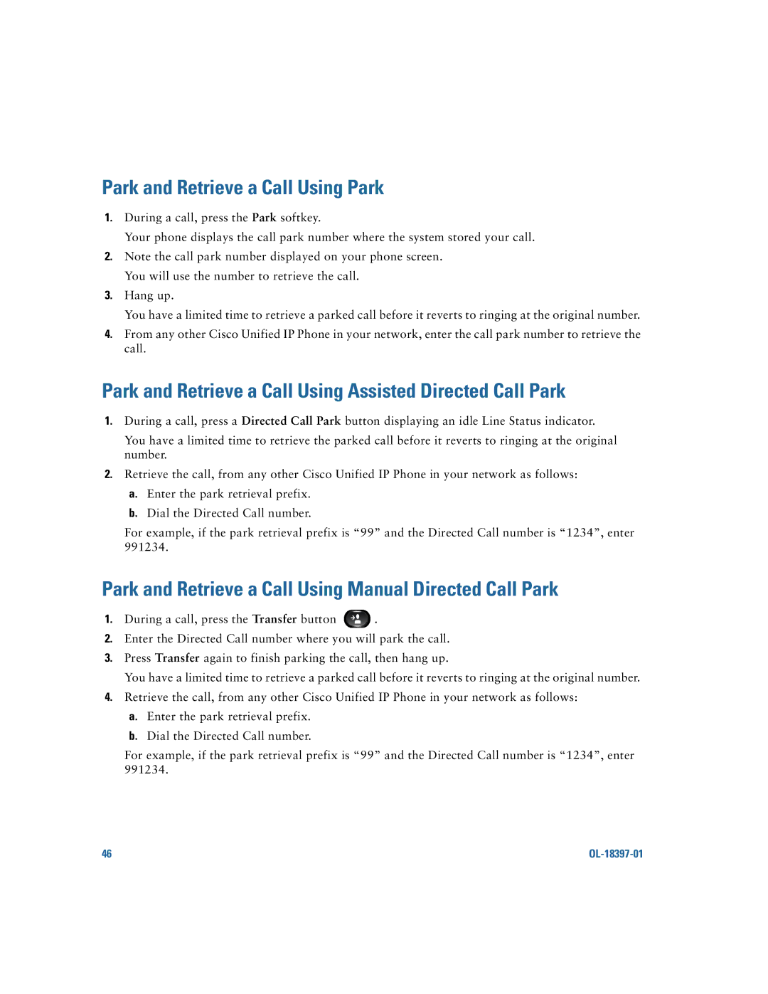 Cisco Systems 6921 manual Park and Retrieve a Call Using Park, Park and Retrieve a Call Using Assisted Directed Call Park 