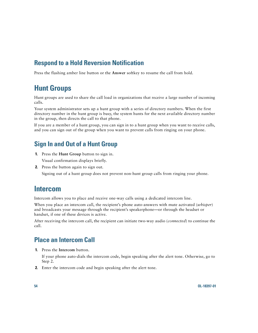 Cisco Systems 6921 manual Hunt Groups, Intercom, Respond to a Hold Reversion Notification, Sign In and Out of a Hunt Group 