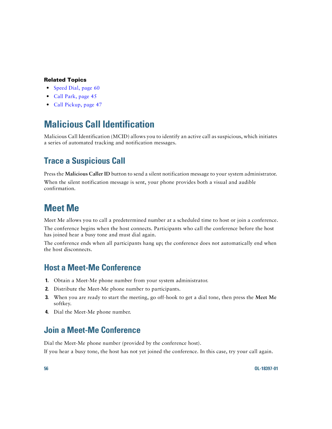 Cisco Systems 6921 manual Malicious Call Identification, Meet Me, Trace a Suspicious Call, Host a Meet-Me Conference 