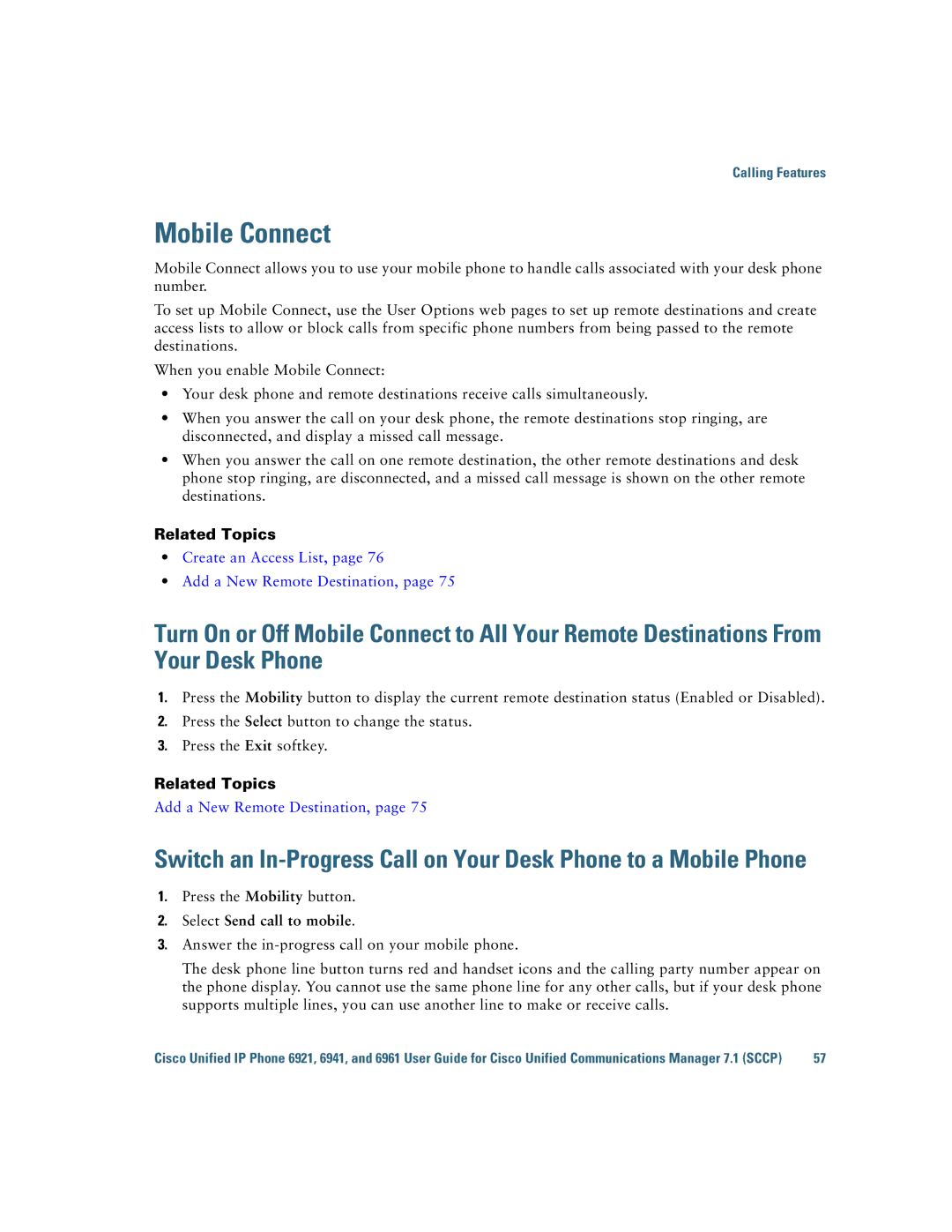 Cisco Systems 6921 manual Mobile Connect, Select Send call to mobile 