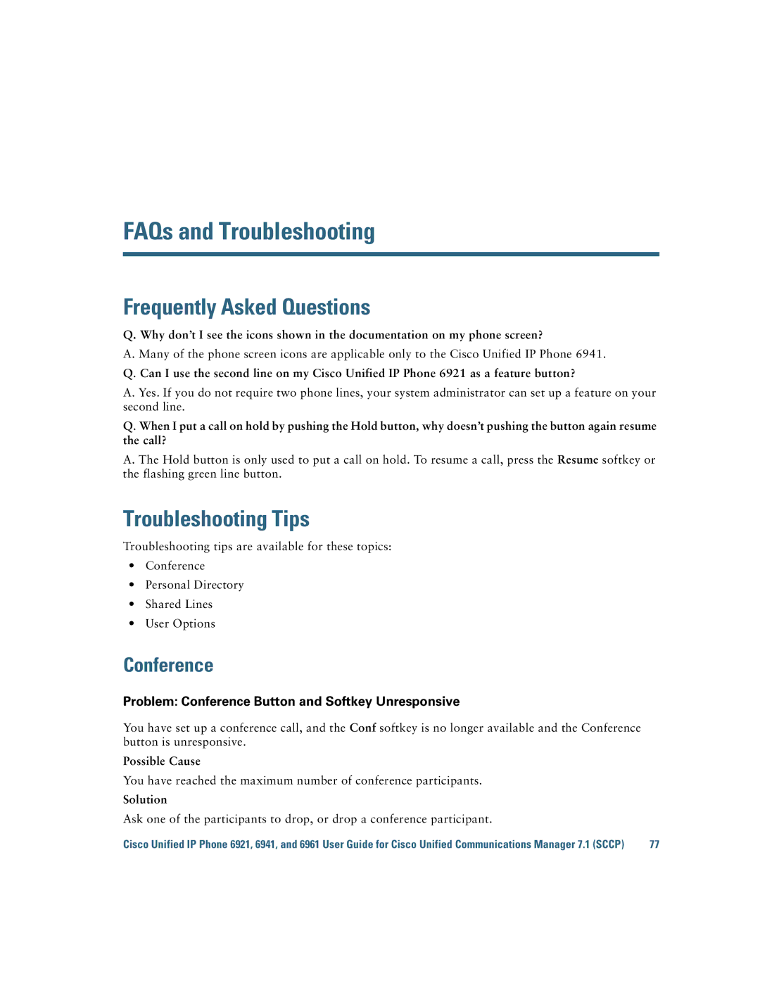 Cisco Systems 6921 manual Frequently Asked Questions, Troubleshooting Tips, Conference, Possible Cause, Solution 