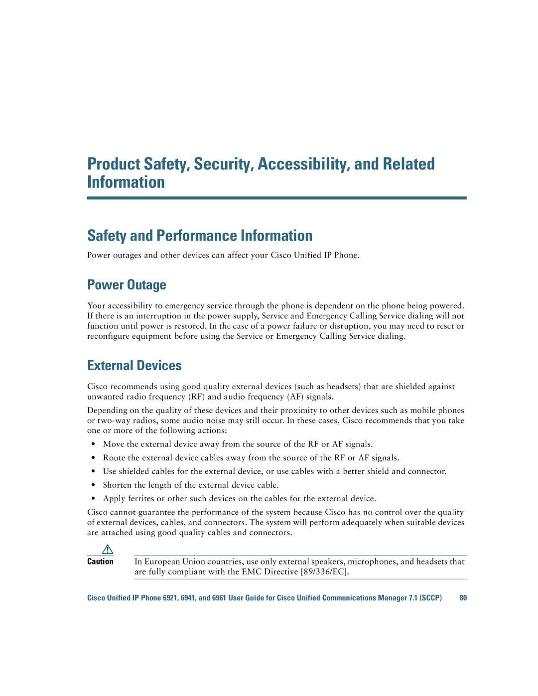 Cisco Systems 6921 manual Safety and Performance Information, Power Outage, External Devices 