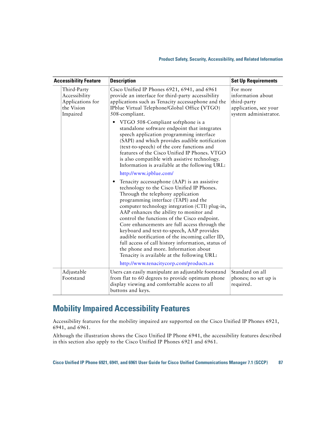 Cisco Systems 6921 manual Mobility Impaired Accessibility Features 