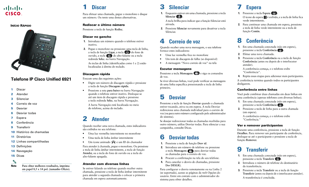 Cisco Systems 6921 manual Discar, Atender, Silenciar, Correio de voz, Desviar todas, Espera, Conferência, Transferir 