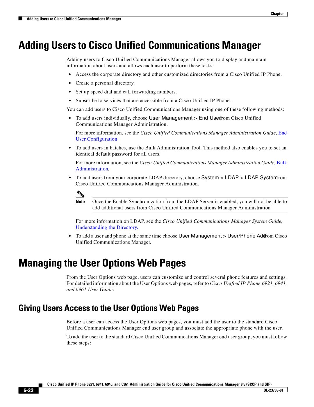 Cisco Systems 6921 manual Adding Users to Cisco Unified Communications Manager, Managing the User Options Web Pages 